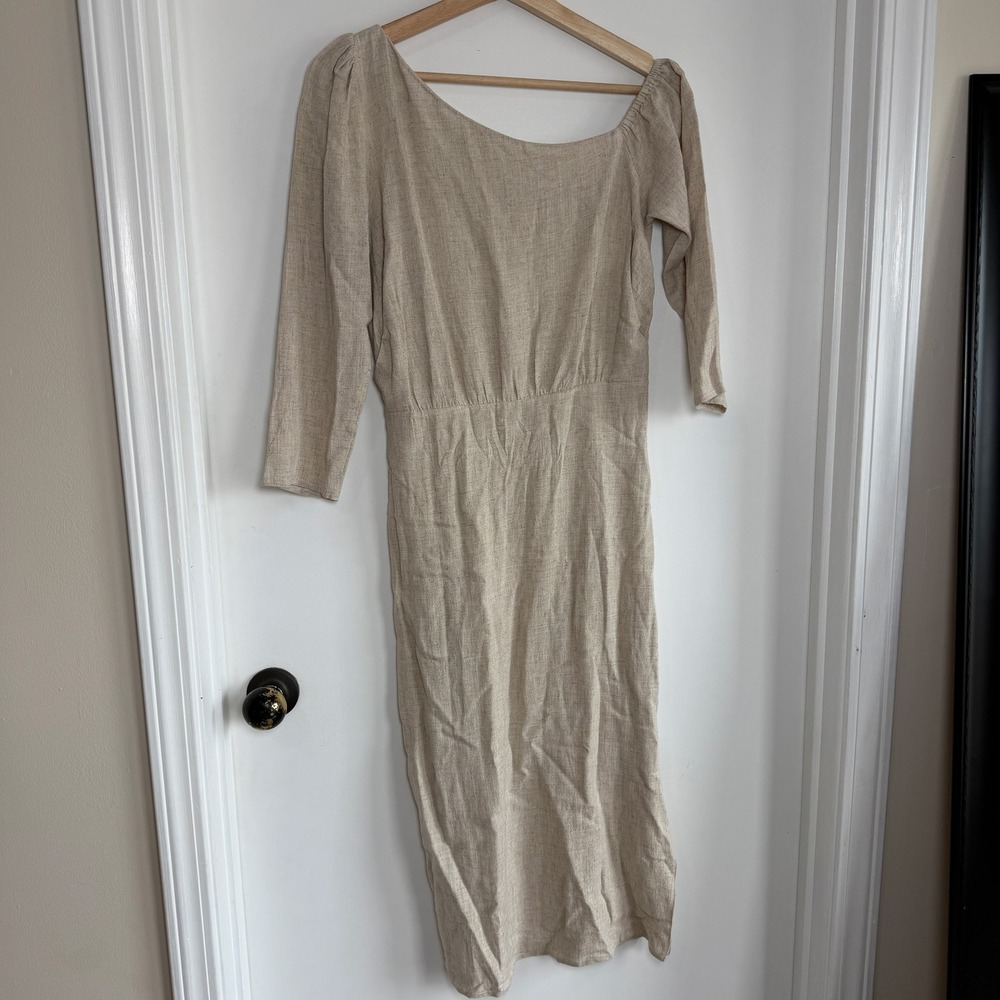 ASOS Beige Linen Blend Square Neck Midi Dress‎ One Off the Shoulder Sleeve 6